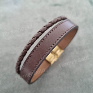 دستبند چرم و طلا طرح تداخل مستطیل با اسم صالحه کد DTH1277