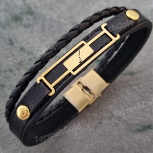 دستبند چرم و طلا طرح تداخل مستطیل با حرف گ کد DTH1521