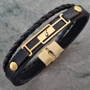 دستبند چرم و طلا طرح تداخل مستطیل با حرف ی کد DTH1526